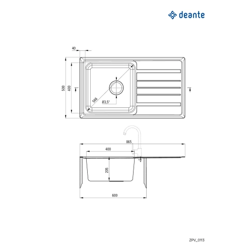 Zlewozmywak stalowy 1-komorowy z ociekaczem, Deante, satyna