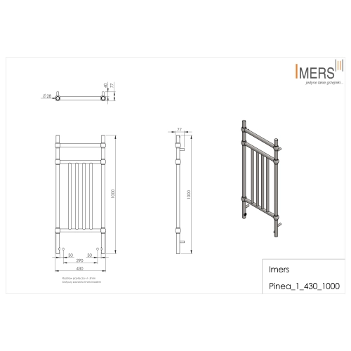 Grzejnik łazienkowy PINEA 1 czarny 430x1000mm 234W Imers