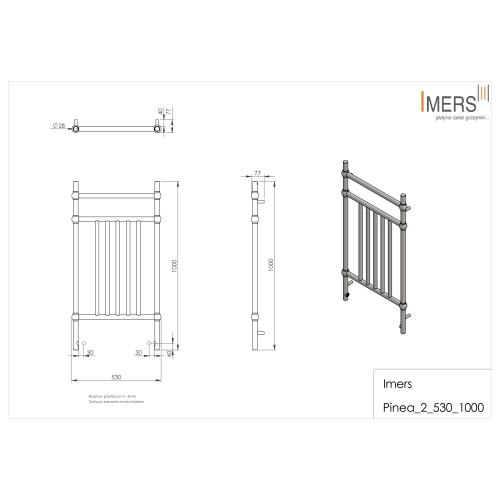 Grzejnik łazienkowy PINEA 2 biały 530x1000mm 281W Imers