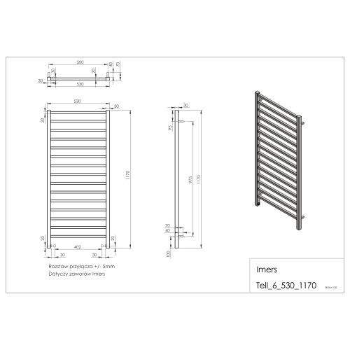 Grzejnik łazienkowy TELL 6 czarny 530x1170mm 505W Imers