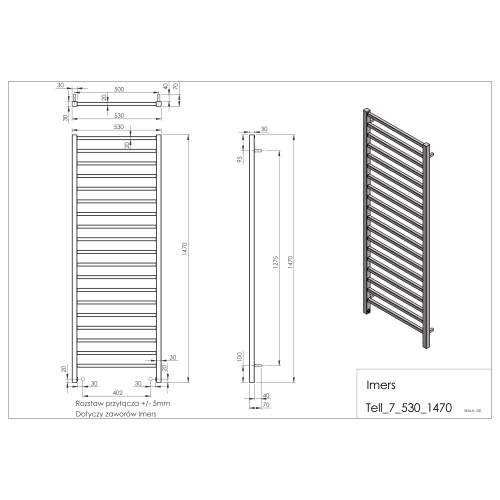 Grzejnik łazienkowy TELL 7 biały 530x1470mm 639W Imers