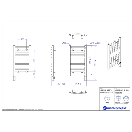 Grzejnik elektryczny AMBRA R Electro biały połysk 40x70 cm AMBRE-40/70+GH-03C1 Instal Projekt