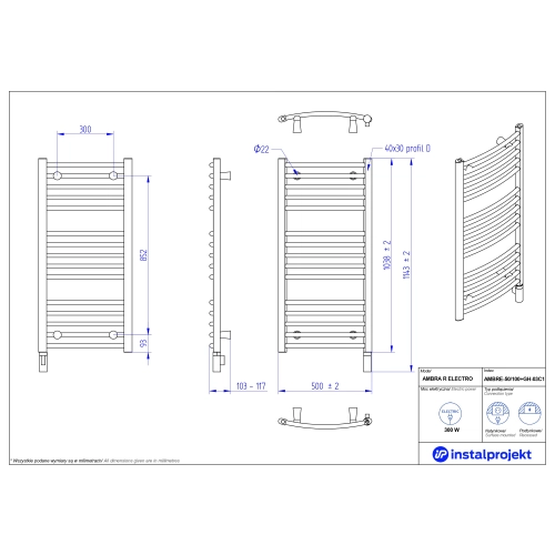 Grzejnik elektryczny AMBRA R Electro biały połysk 50x100 cm AMBRE-50/100+GH-03C1 Instal Projekt