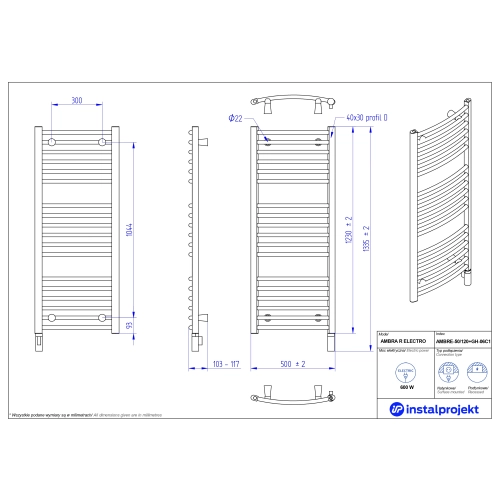 Grzejnik elektryczny AMBRA R Electro biały połysk 50x120 cm AMBRE-50/120+GH-06C1 Instal Projekt