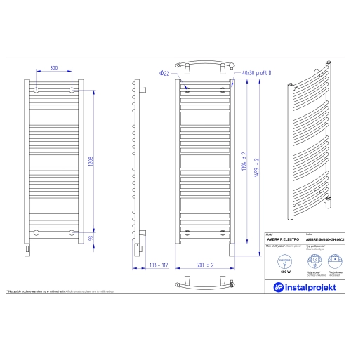 Grzejnik elektryczny AMBRA R Electro biały połysk 50x140 cm AMBRE-50/140+GH-06C1 Instal Projekt