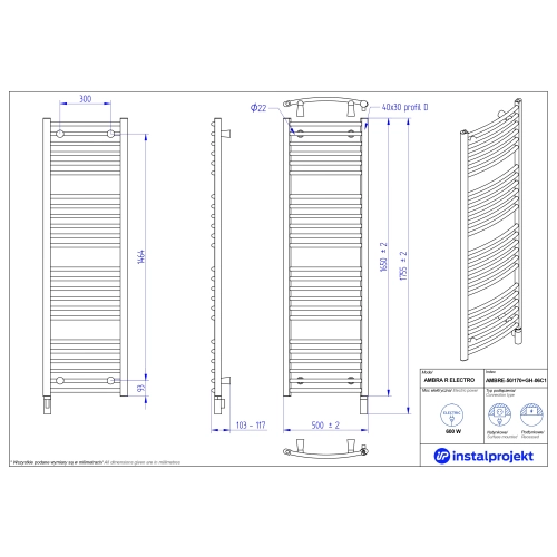 Grzejnik elektryczny AMBRA R Electro biały połysk 50x170 cm AMBRE-50/170+GH-06C1 Instal Projekt