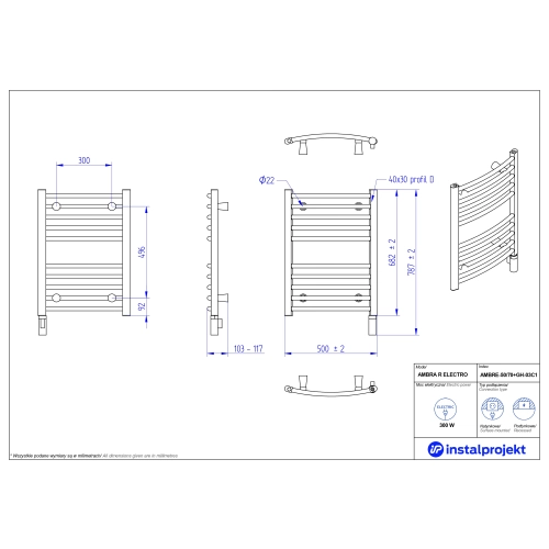 Grzejnik elektryczny AMBRA R Electro biały połysk 50x70 cm AMBRE-50/70+GH-03C1 Instal Projekt