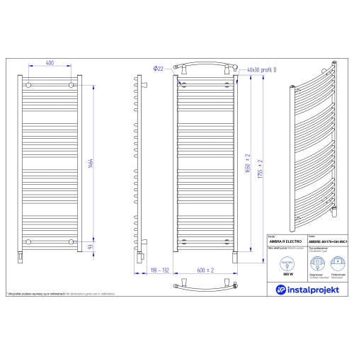 Grzejnik elektryczny AMBRA R Electro biały połysk 60x170 cm AMBRE-60/170+GH-09C1 Instal Projekt