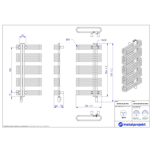 Grzejnik elektryczny ASTRO Electro czarny mat 50x100 cm ASTE-50/100C31+GH-09C2 Instal Projekt