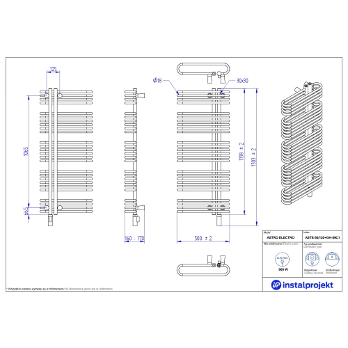 Grzejnik elektryczny ASTRO Electro czarny 50x120 cm ASTE-50/120C75+GH-09C2 Instal Projekt