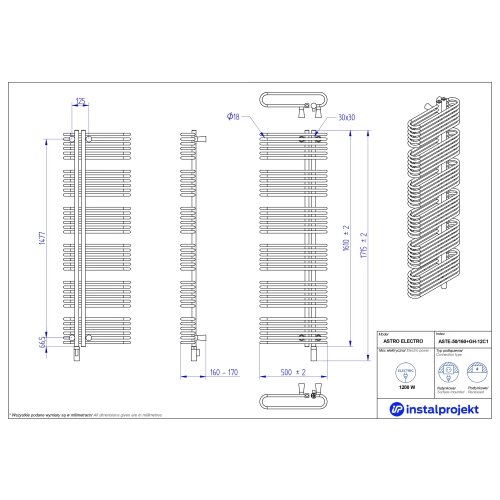 Grzejnik elektryczny ASTRO Electro czarny mat 50x160 cm ASTE-50/160C31+GH-12C2 Instal Projekt