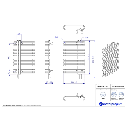 Grzejnik elektryczny ASTRO Electro biały mat 50x80 cm ASTE-50/80C34+GH-06C1 Instal Projekt