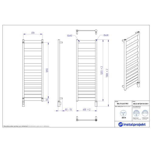 Grzejnik elektryczny BELTI Electro czarny 40x120 cm BELE-40/120C75+GH-03C2 Instal Projekt