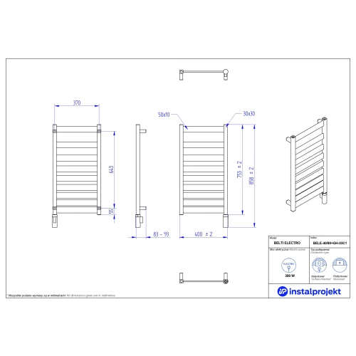 Grzejnik elektryczny BELTI Electro czarny mat 40x80 cm BELE-40/80C31+GH-03C2 Instal Projekt