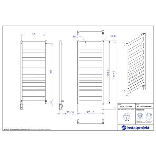 Grzejnik elektryczny BELTI Electro biały mat 50x120 cm BELE-50/120C34+GH-03C1 Instal Projekt