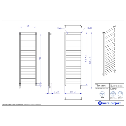 Grzejnik elektryczny BELTI Electro czarny 50x160 cm BELE-50/160C75+GH-06C2 Instal Projekt