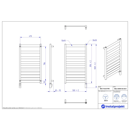 Grzejnik elektryczny BELTI Electro czarny 50x90 cm BELE-50/90C75+GH-03C2 Instal Projekt