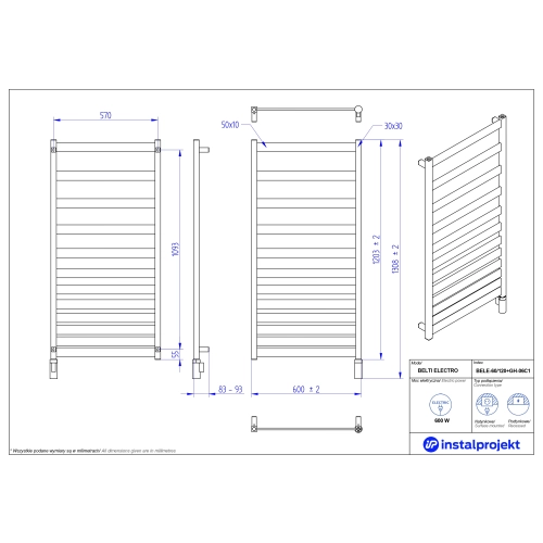 Grzejnik elektryczny BELTI Electro biały mat 60x120 cm BELE-60/120C34+GH-06C1 Instal Projekt