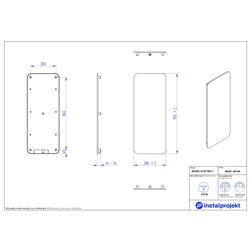 Grzejnik elektryczny BIONIC Electro błyszczący szary 40x100 cm BIOE1-40/100C19 Instal Projekt