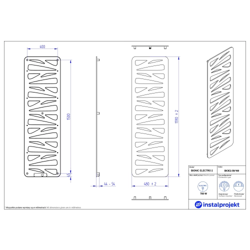 Grzejnik elektryczny  Instal Projekt Bionic Electro srebrny/silver 50x160 cm BIOE2-50/160C17