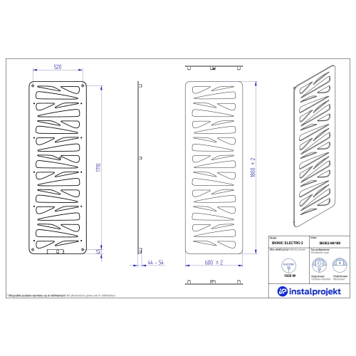 Grzejnik elektryczny  Instal Projekt Bionic Electro błyszczący szary/grey 60x180 cm BIOE2-60/180C19