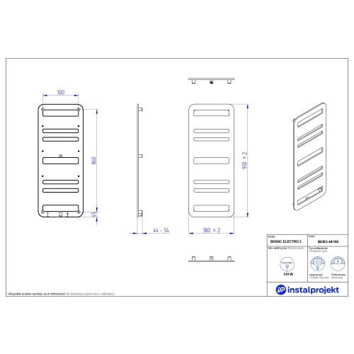 Grzejnik elektryczny  Instal Projekt Bionic Electro błyszczący szary/grey 40x100 cm BIOE3-40/100C19