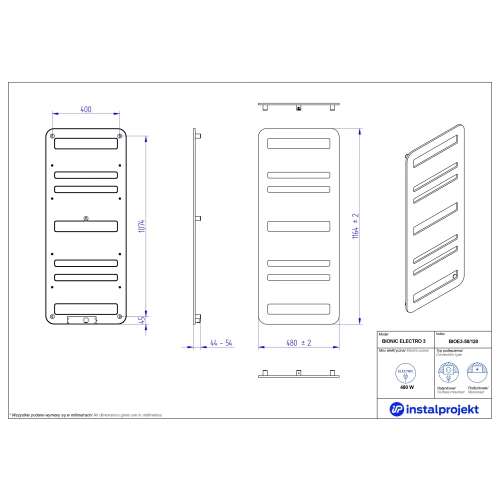 Grzejnik elektryczny  Instal Projekt Bionic Electro czarny mat/black mat 50x120 cm BIOE3-50/120C31