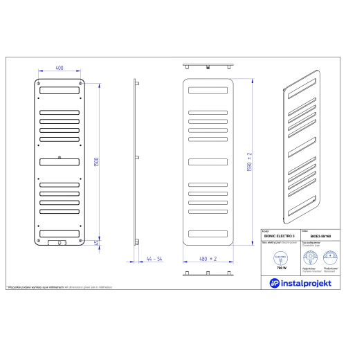 Grzejnik elektryczny  Instal Projekt Bionic Electro błyszczący szary/grey 50x160 cm BIOE3-50/160C19