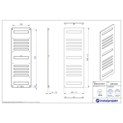 Grzejnik elektryczny  Instal Projekt Bionic Electro srebrny/silver 60x180 cm BIOE3-60/180C17