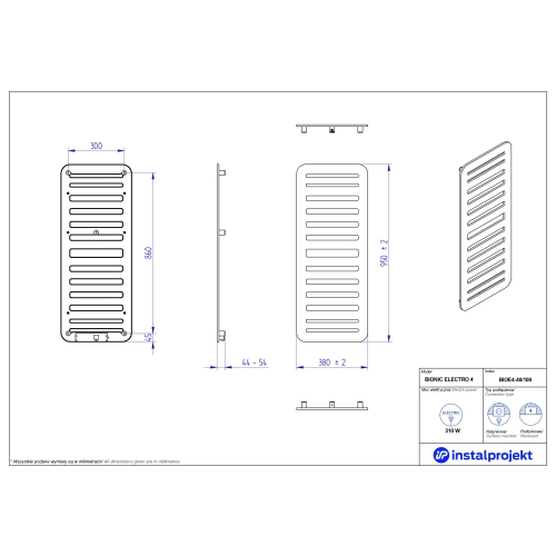 Grzejnik elektryczny  Instal Projekt Bionic Electro biały mat/white mat 40x100 cm BIOE4-40/100C34