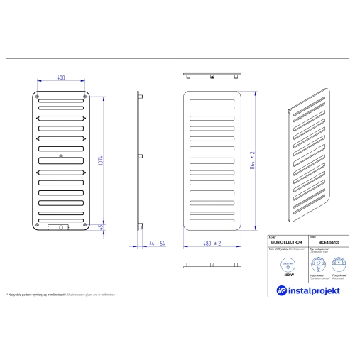 Grzejnik elektryczny  Instal Projekt Bionic Electro ciemny szary/grey wall 50x120 cm BIOE4-50/120C71