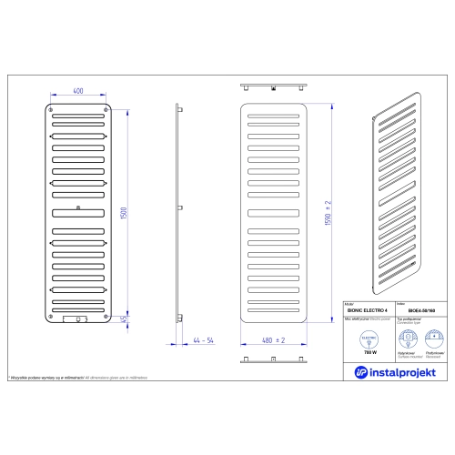 Grzejnik elektryczny  Instal Projekt Bionic Electro srebrny/silver 50x160 cm BIOE4-50/160C17