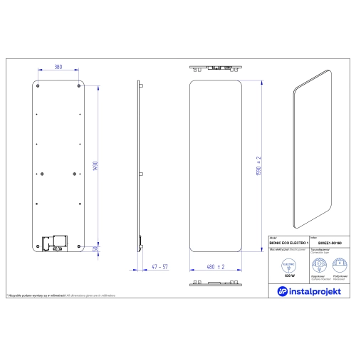 Grzejnik elektryczny  Instal Projekt Bionic Eco Electro ciemny szary/grey wall 50x160 cm BIOEE1-50/160C71B