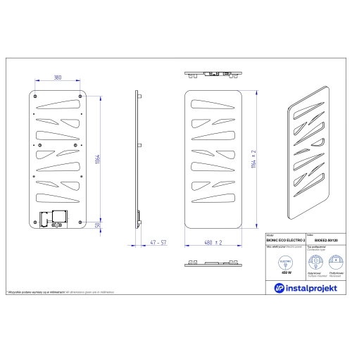 Grzejnik elektryczny  Instal Projekt Bionic Eco Electro czarny mat/black mat 50x120 cm BIOEE2-50/120C31