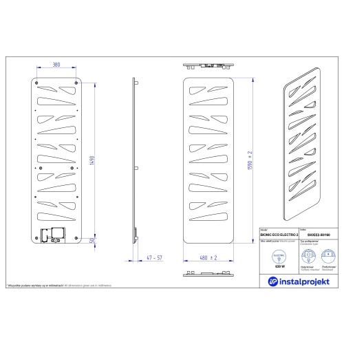 Grzejnik elektryczny  Instal Projekt Bionic Eco Electro biały mat/white mat 50x160 cm BIOEE2-50/160C34B