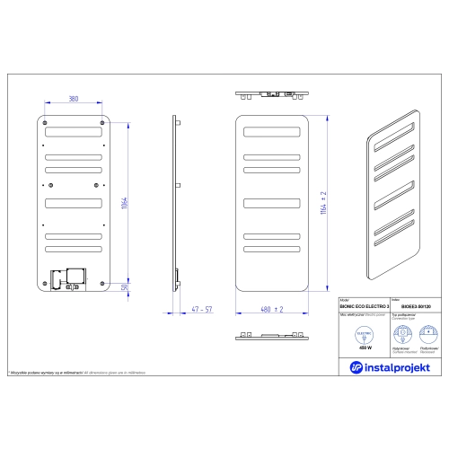 Grzejnik elektryczny  Instal Projekt Bionic Eco Electro ciemny szary/grey wall 50x120 cm BIOEE3-50/120C71B