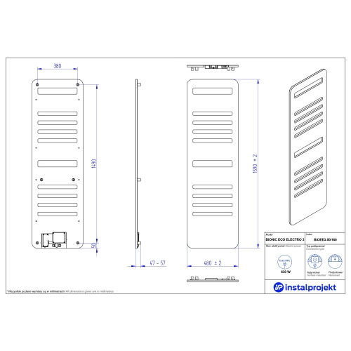 Grzejnik elektryczny  Instal Projekt Bionic Eco Electro srebrny/silver 50x160 cm BIOEE3-50/160C17