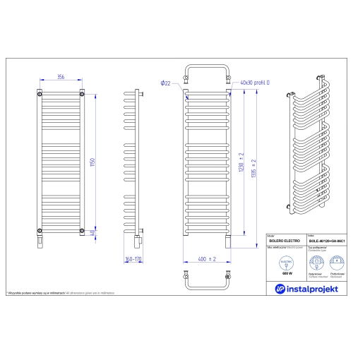 Grzejnik elektryczny BOLERO Electro biały połysk 40x120 cm BOLE-40/120+GH-06C1 Instal Projekt