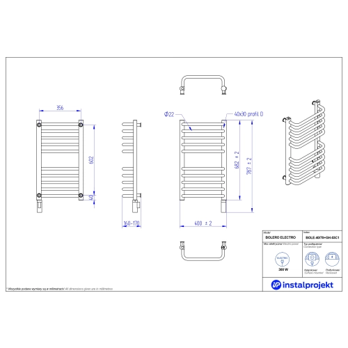 Grzejnik elektryczny BOLERO Electro biały połysk 40x70 cm BOLE-40/70+GH-03C1 Instal Projekt