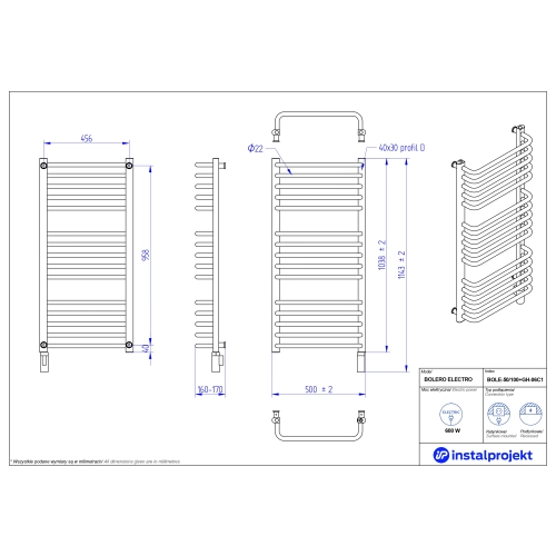 Grzejnik elektryczny BOLERO Electro biały połysk 50x100 cm BOLE-50/100+GH-06C1 Instal Projekt