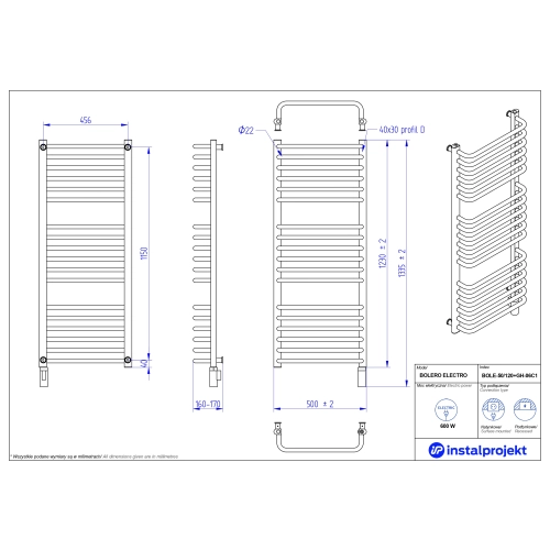 Grzejnik elektryczny BOLERO Electro biały połysk 50x120 cm BOLE-50/120+GH-06C1 Instal Projekt