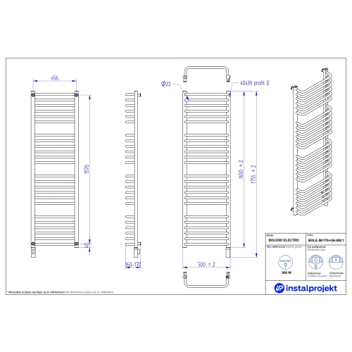 Grzejnik elektryczny BOLERO Electro biały połysk 50x170 cm BOLE-50/170+GH-09C1 Instal Projekt