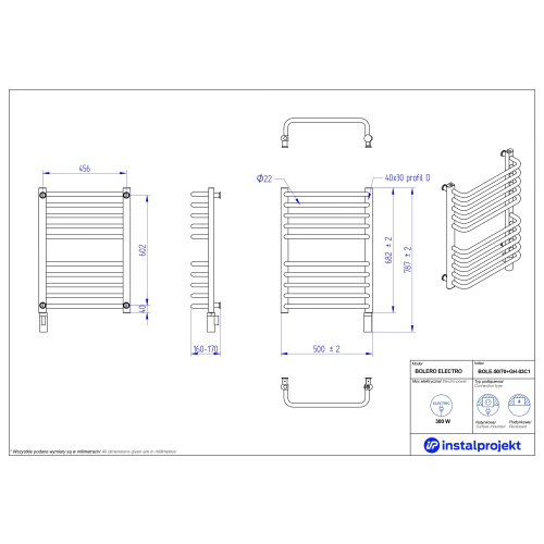 Grzejnik elektryczny BOLERO Electro biały połysk 50x70 cm BOLE-50/70+GH-03C1 Instal Projekt