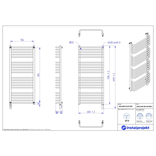 Grzejnik elektryczny BOLERO Electro biały połysk 60x140 cm BOLE-60/140+GH-09C1 Instal Projekt