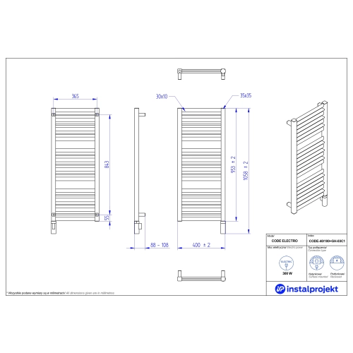 Grzejnik elektryczny CODE Electro biały połysk 40x100 cm CODE-40/100+GH-03C1 Instal Projekt