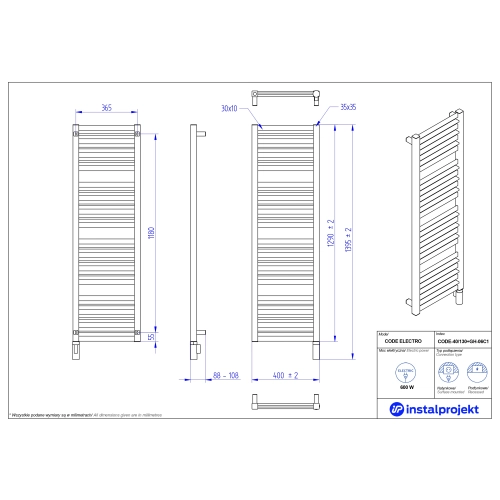 Grzejnik elektryczny CODE Electro czarny mat 40x130 cm CODE-40/130C31+GH-06C2 Instal Projekt