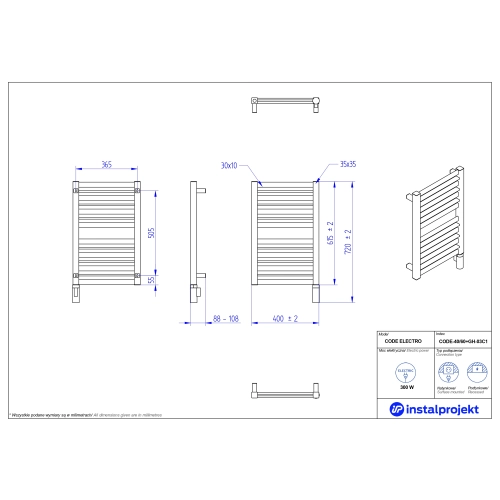 Grzejnik elektryczny CODE Electro biały mat 40x60 cm CODE-40/60C34+GH-03C1 Instal Projekt