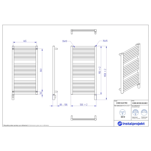 Grzejnik elektryczny CODE Electro biały połysk 50x100 cm CODE-50/100+GH-06C1 Instal Projekt