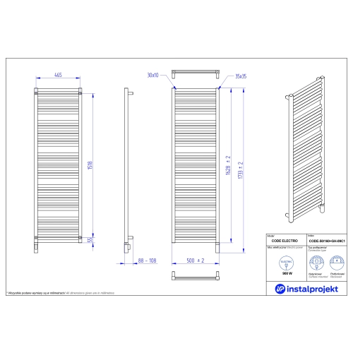 Grzejnik elektryczny CODE Electro biały połysk 50x160 cm CODE-50/160+GH-09C1 Instal Projekt