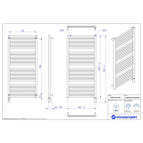 Grzejnik elektryczny CODE Electro biały połysk 60x130 cm CODE-60/130+GH-09C1 Instal Projekt